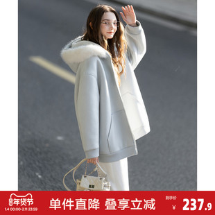 唐狮2026秋冬新款女厚外套软糯毛茸茸毛领仿麂皮绒中长款淑女好看