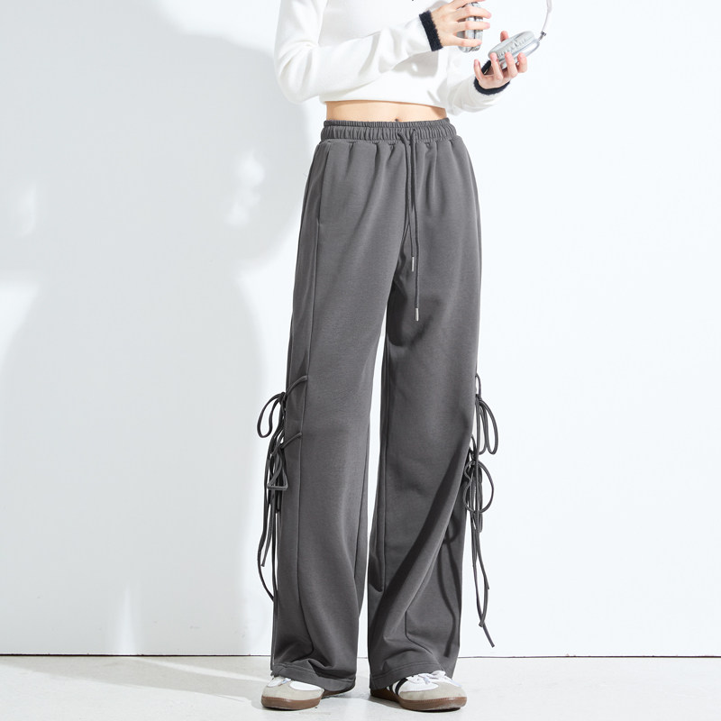 唐狮2024秋季新款女休闲裤宽松休闲侧缝绑带时尚百搭休闲阔腿长裤