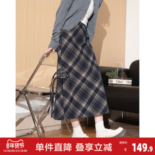 唐狮2026秋冬女格子侧开叉直筒裙半身裙女高级感小个子女式裙子潮