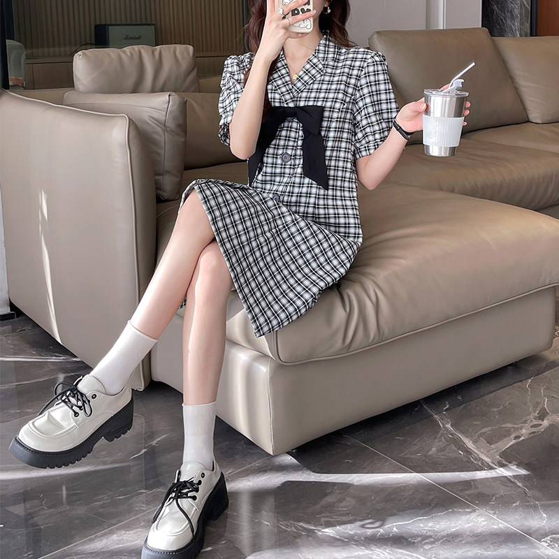 唐狮西装连衣裙女新款女夏季格子短袖气质高级精致女装裙子r5
