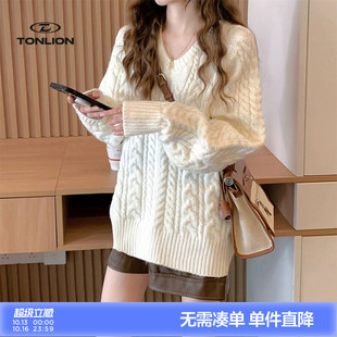 唐狮2026秋冬毛衣女慵懒风显瘦V领中长款套头女式气质温柔上衣潮