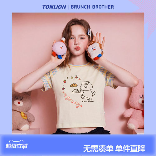 【Brunch Brother联名】唐狮夏季女短袖T恤插肩袖修身显瘦上衣潮