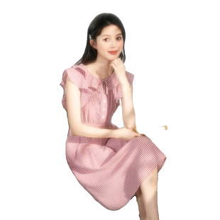 唐狮小清新夏季飞飞袖连衣裙女新款裙子红色格子连衣裙长裙f3