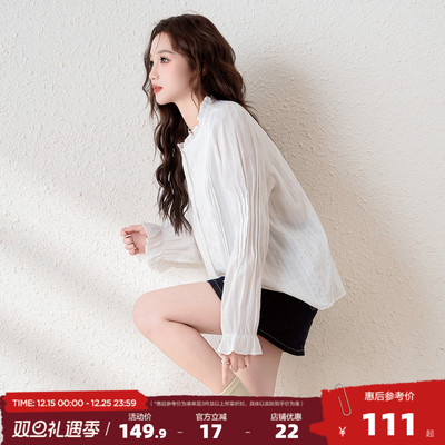 唐狮2025春季新款女圆领木耳边长袖衬衫纯色花瓣袖设计感文艺衬衣