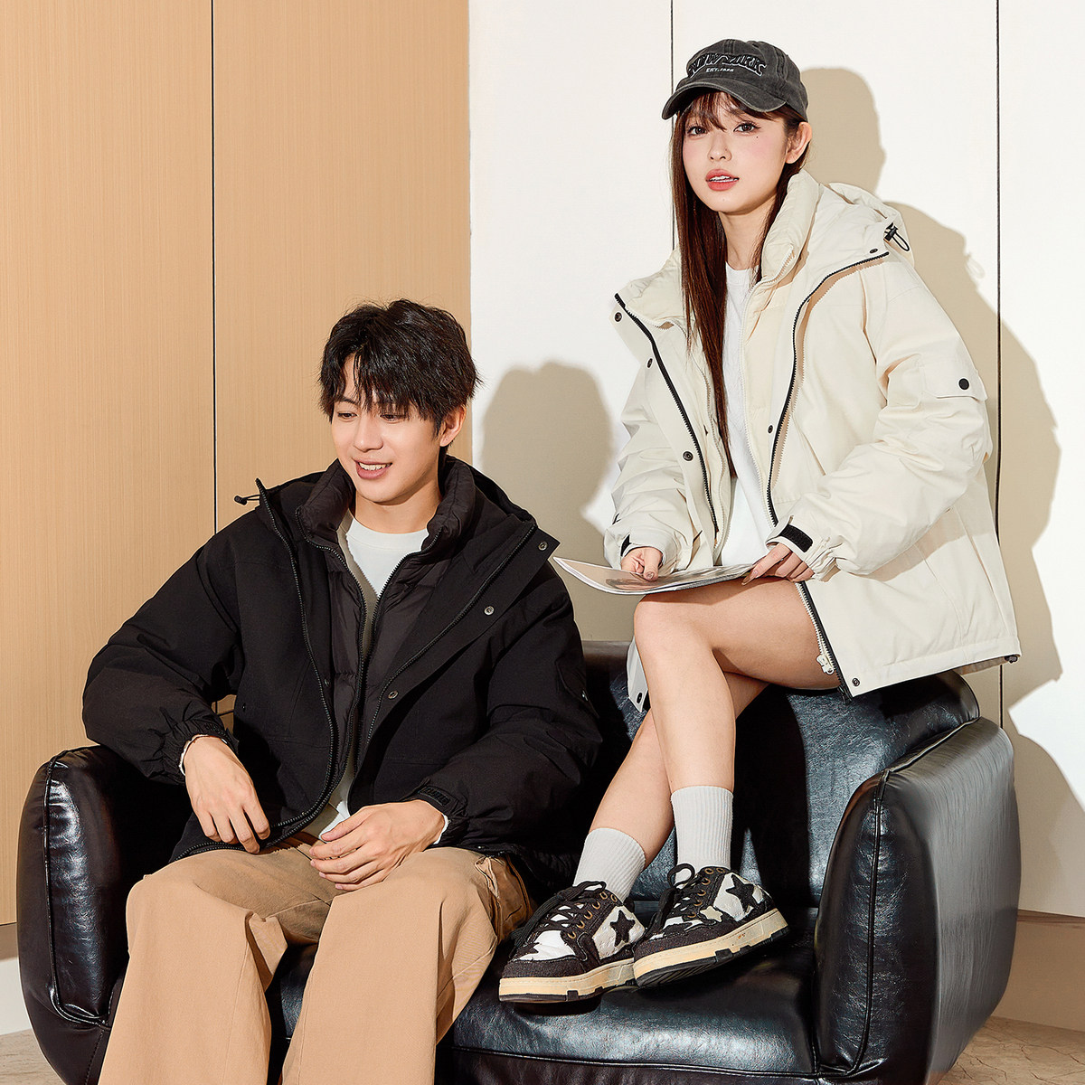 唐狮2024冬季情侣羽绒服男女连帽短款假两件工装冲锋少年外套上衣