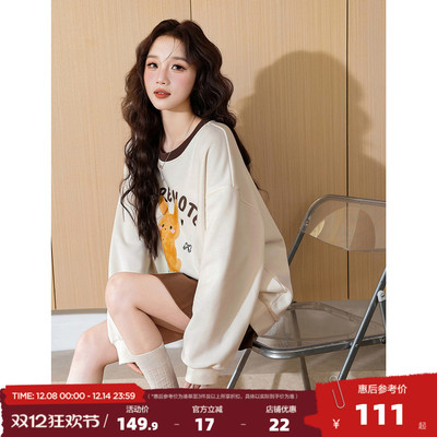 唐狮加绒卫衣女2025春季新款圆领卡通印花套头卫衣撞色休闲卫衣潮