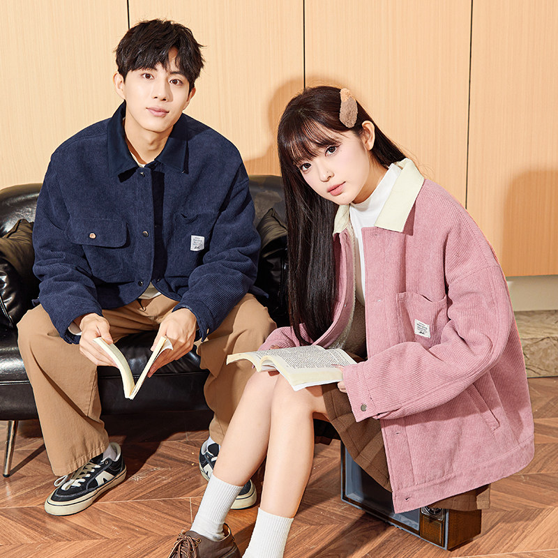 唐狮2024冬季新款情侣灯芯绒厚外套男女翻领仿羊羔绒保暖短款夹克