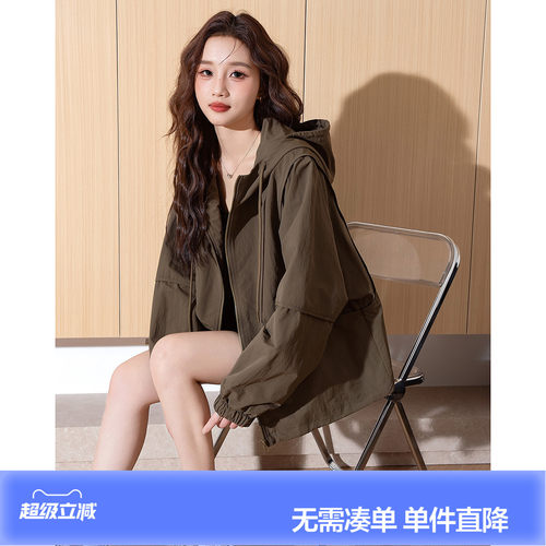 唐狮2026春秋连帽短款外套女美式早春外套小个子休闲夹克开衫女
