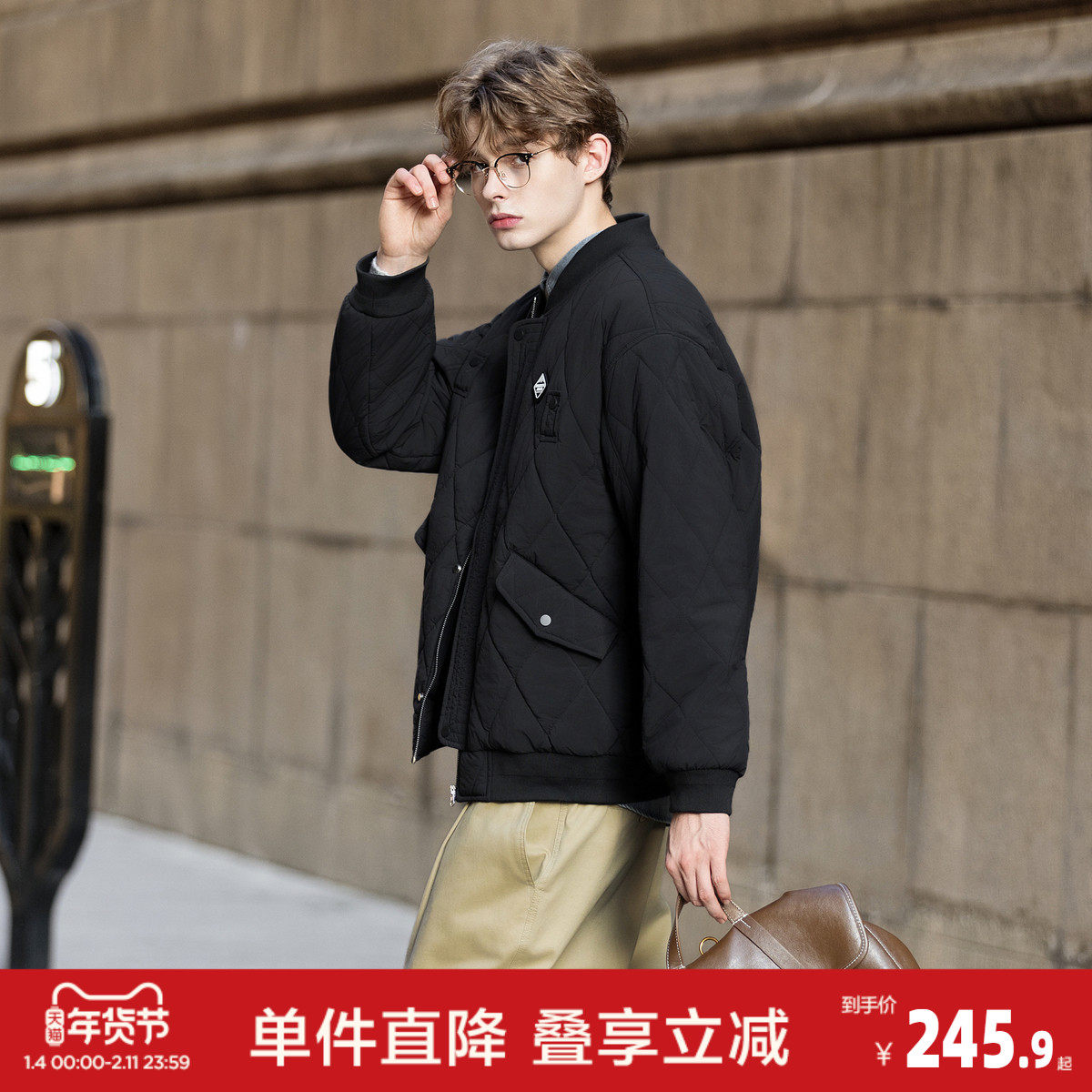 唐狮2026秋冬季男棒球领短款棉衣菱形格设计感时尚百搭黑色棉服