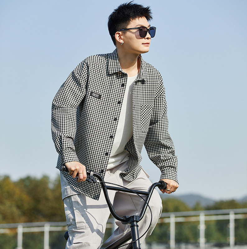 唐狮2024春季新款格子衬衫男复古黑白格纹外套休闲百搭港风衬衫潮
