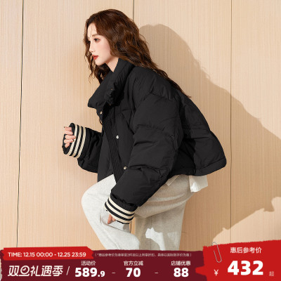 唐狮新款女短款黑色羽绒服女2025新款韩版时髦外套设计感面包服cq