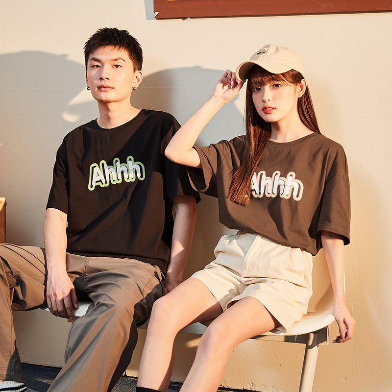 唐狮2023夏季七夕情侣短袖T恤男女同码圆领t字母印花套头体恤衫y