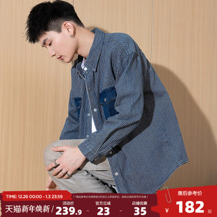 男宽松工装 条纹开衫 纯色衬衣休闲外套牛仔潮 新款 唐狮2025春秋季