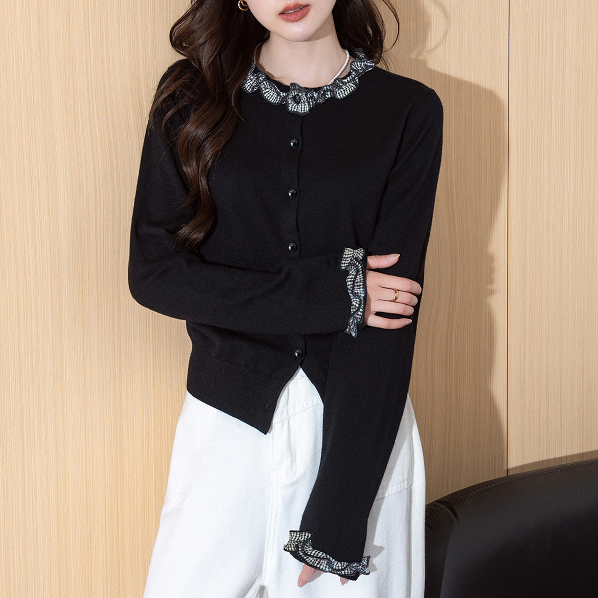 唐狮春秋季新款毛衣女显瘦格子领口花边拼接设计感针织开衫淑女风,女装/女士精品,毛衣,淘宝优惠券,粉丝福利购,淘宝优惠卷