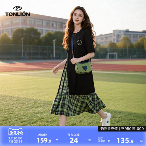 唐狮慵懒风拼接格纹女夏季宽松笑脸印花休闲减龄显瘦长款连衣裙