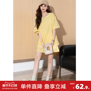 唐狮黄色短袖T恤套装女夏季2026夏新款休闲运动套装短裤一整套g5