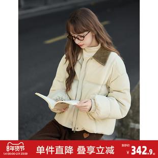 唐狮2026冬季女撞色灯芯绒领子超短款羽绒服简约时尚高级感气质