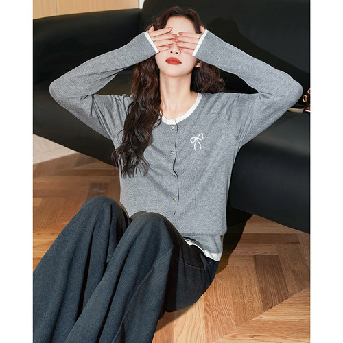 唐狮春秋新款女毛衣灰色假两件圆领休闲百搭慵懒风女士毛线衫