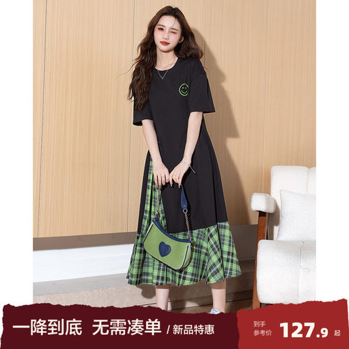 唐狮连衣裙女夏季长裙2025新款拼接格子裙女短袖T恤裙夏日女装Q