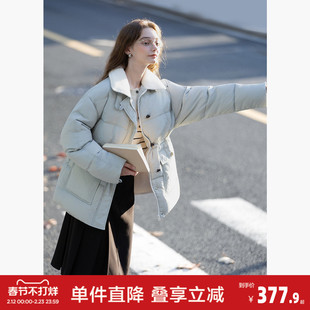 唐狮2026冬季短款羽绒服女拼接仿羊羔毛翻领超好看羽绒收腰设计感