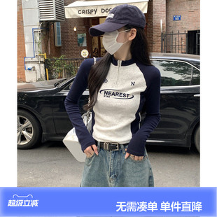 唐狮2026春季长袖T恤女立领拉链袖子拼接美式复古休闲气质高级感