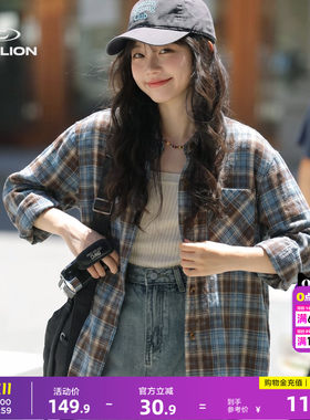 唐狮美式风格子长袖衬衫女秋季短款翻领衬衣复古格纹宽松落肩上衣