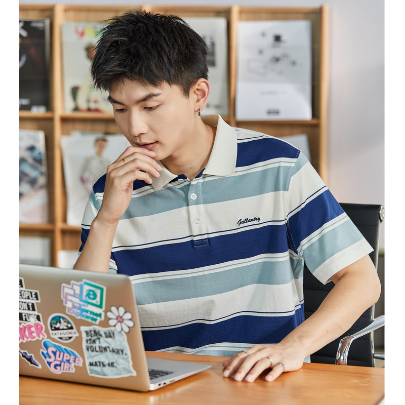 唐狮2024夏季新款短袖polo衫男士带条纹商务高级感有翻领t恤潮牌