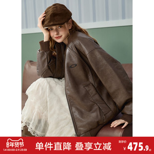 唐狮2026秋冬季女款短款外套仿皮衣羽绒服棕色开衫外套棒球领保暖