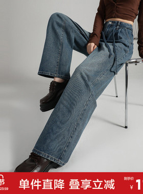 唐狮春秋季新款牛仔裤女工装韩版高腰宽松休闲百搭拖地阔腿裤TJ