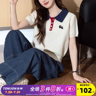 女撞色翻领刺绣甜美套头时尚 唐狮25夏季 短袖 新款 上衣Y 针织毛线衫
