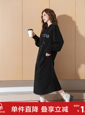 唐狮连帽加绒卫衣裙女长款连衣裙秋冬款宽松长袖针织裙黑色裙子y1