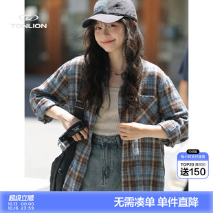 唐狮美式风格子长袖衬衫女秋季短款翻领衬衣复古格纹宽松落肩上衣