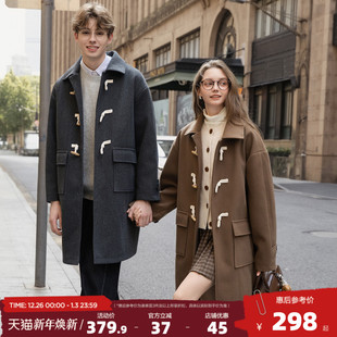 翻领简约风仿牛角扣时尚 毛呢外套加厚情侣款 中长款 唐狮2025秋冬季