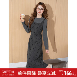 唐狮2026秋冬季女连衣裙假两件长裙灰色气质温柔风波点小个子穿搭