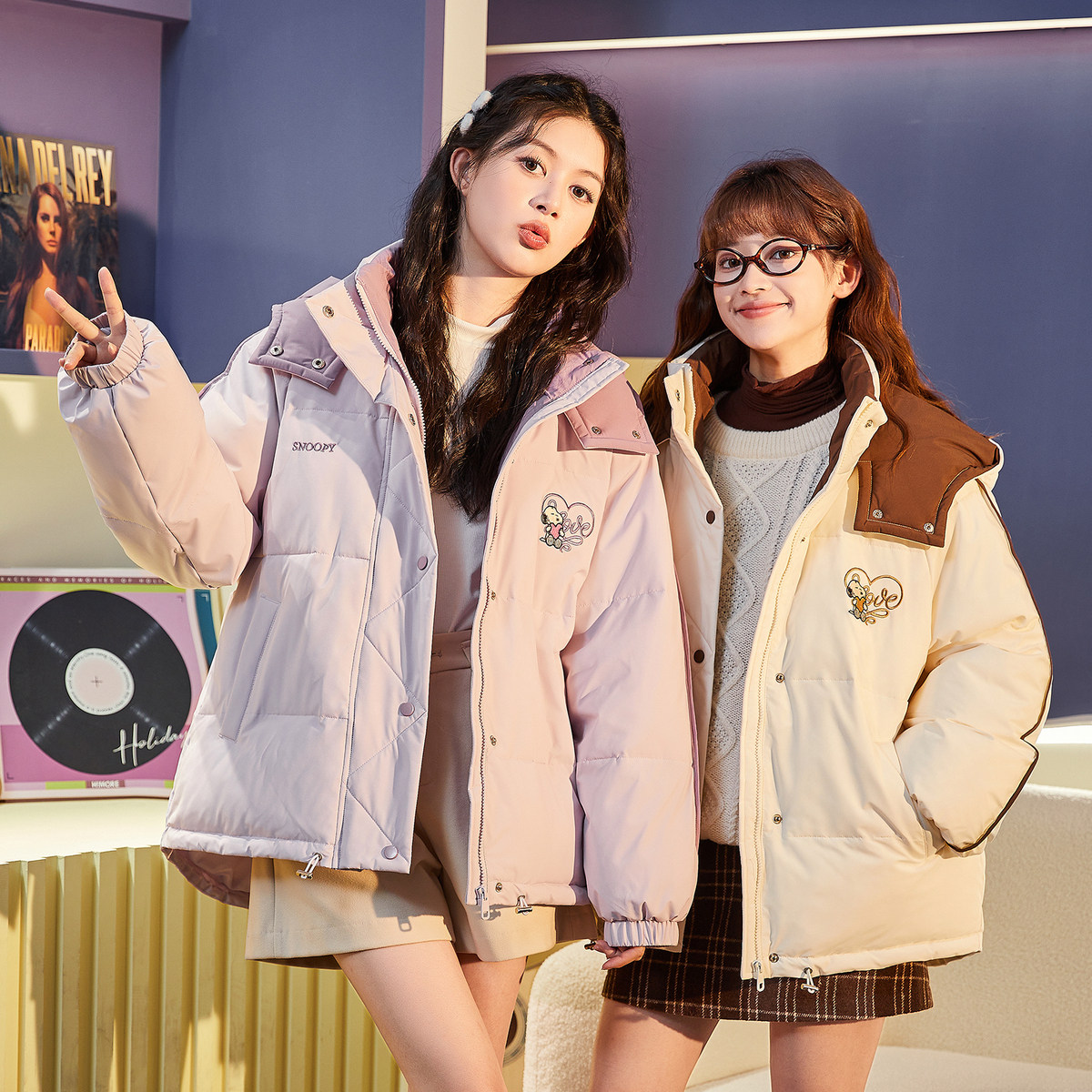 【史努比联名款】唐狮2024冬季连帽棉衣女可爱休闲短款棉服爆款