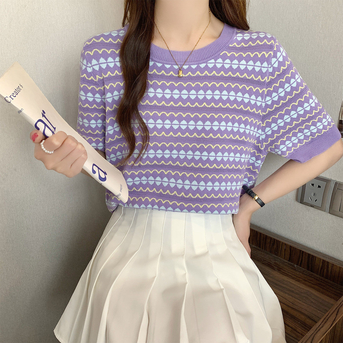 唐狮25夏季新款女圆领条纹短袖毛线衫甜美时尚设计感上衣女W
