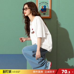 T恤圆领纯棉白色简约百搭宽松休闲上衣pc 短袖 唐狮夏季 女新款