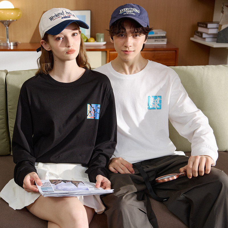 唐狮情侣装长袖T恤男女2025秋季新款潮流印花宽松内搭打底衫上衣