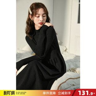 秋冬内搭中长款 新款 针织毛衣裙 黑色打底连衣裙女春装 唐狮冬季