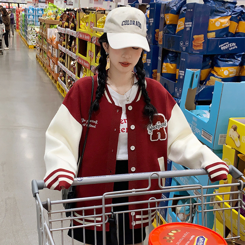 唐狮2024春秋季新款毛衣外套女美式复古棒球服开衫休闲冬季上衣cz