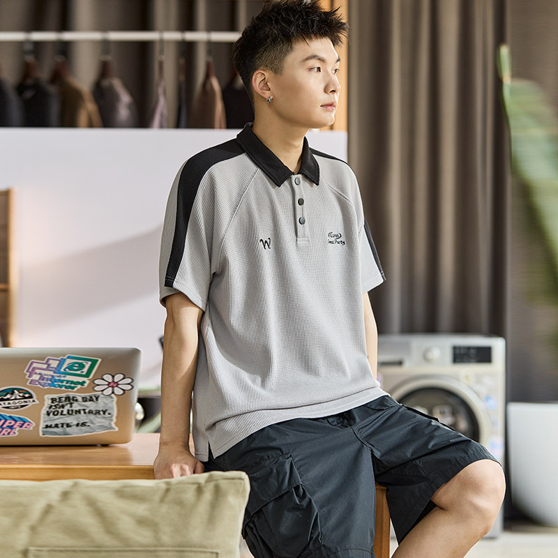 唐狮2024夏季新款Polo衫男士短袖华夫格日系宽松翻领t恤上衣潮牌