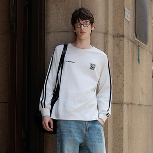 唐狮男士长袖T恤2025秋季新款韩版条纹撞色拼接宽松圆领打底上衣