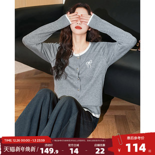 唐狮2025春秋新款 女毛衣灰色假两件圆领休闲百搭慵懒风女士毛线衫