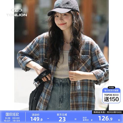 唐狮美式风格子长袖衬衫女秋季短款翻领衬衣复古格纹宽松落肩上衣