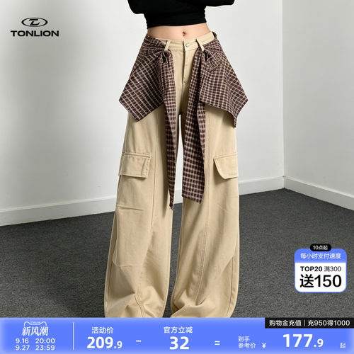 唐狮美式工装风阔腿牛仔裤女高腰