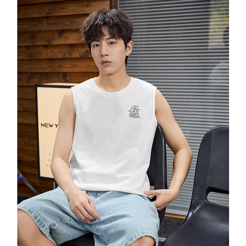 唐狮2024春夏季新款男背心坎肩无袖T恤纯棉圆领上衣学生打底衫潮