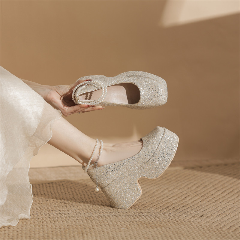 法式亮片玛丽珍鞋女厚底一字扣带珍珠链方头单鞋不累脚配裙子礼服,女鞋,浅口单鞋,淘宝优惠券,粉丝福利购,淘宝优惠卷