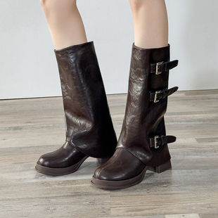长筒靴女裤管靴2025新款皮带扣复古粗跟百搭显瘦可拆卸两穿骑士靴
