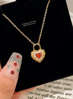 爱心锁头拉丝纯银925项链复古宫廷风红色锆石锁骨链ins感吊坠