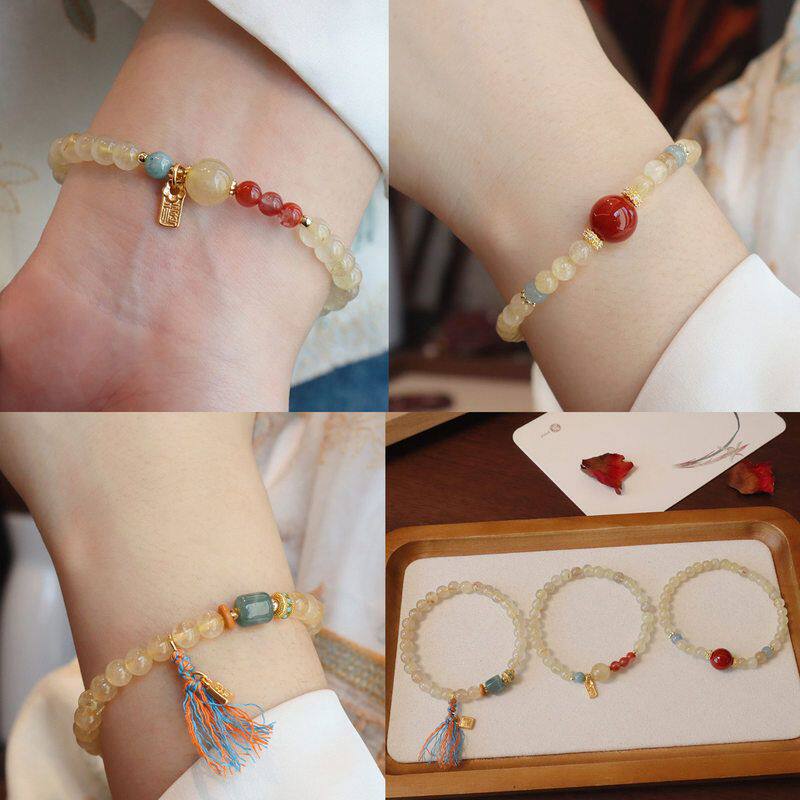 天然黄发晶黄水晶手串翡翠南红玛瑙串珠福牌转运珠高级感手饰品